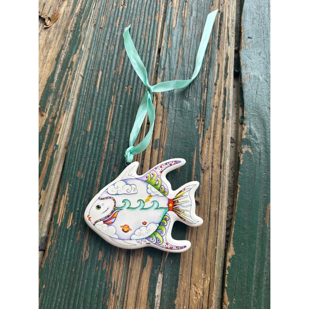 Laurel Burch Celestial Fish Ceramic Ornament Whimsical Hand Painted A3898